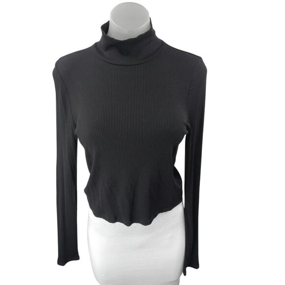 Aritzia Wilfred Women's Black Rib Knit Long Sleeve Turtleneck Crop Sweater Top L - Picture 1 of 3